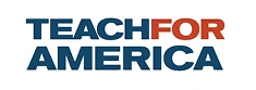 Teach For America logo with the words "TEACH FOR AMERICA" in bold blue and red capital letters on a white background.