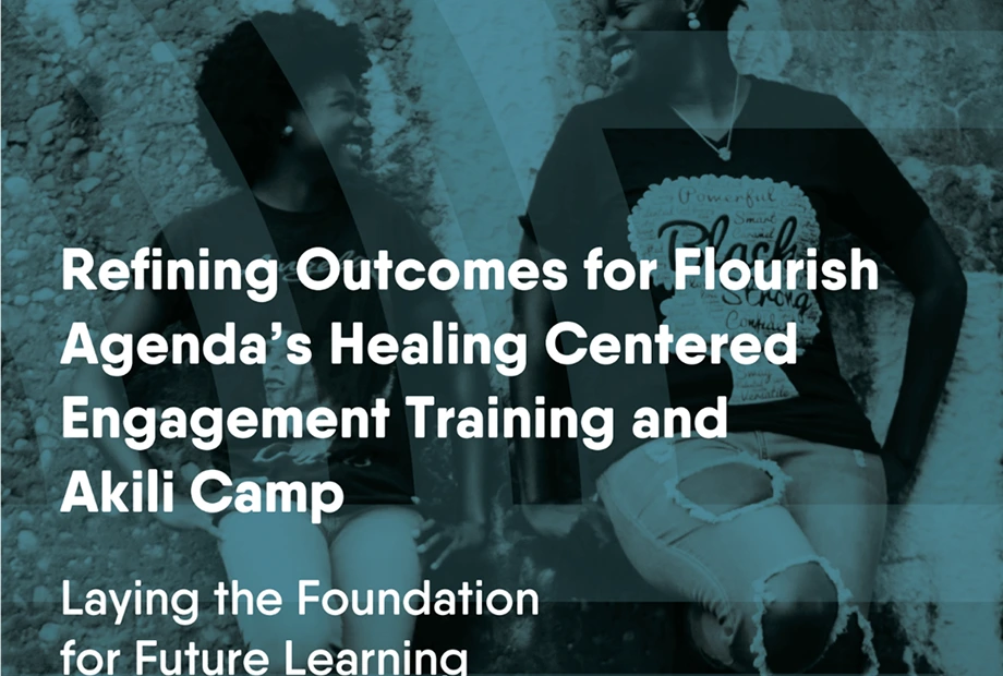 Two people sit and smile at each other while wearing matching t-shirts. Text over the image discusses engagement training and Akili Camp for Flourish Agenda.