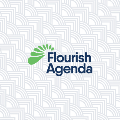 Flourish Agenda logo with green leaf-like shapes above the text, set against a geometric patterned background.